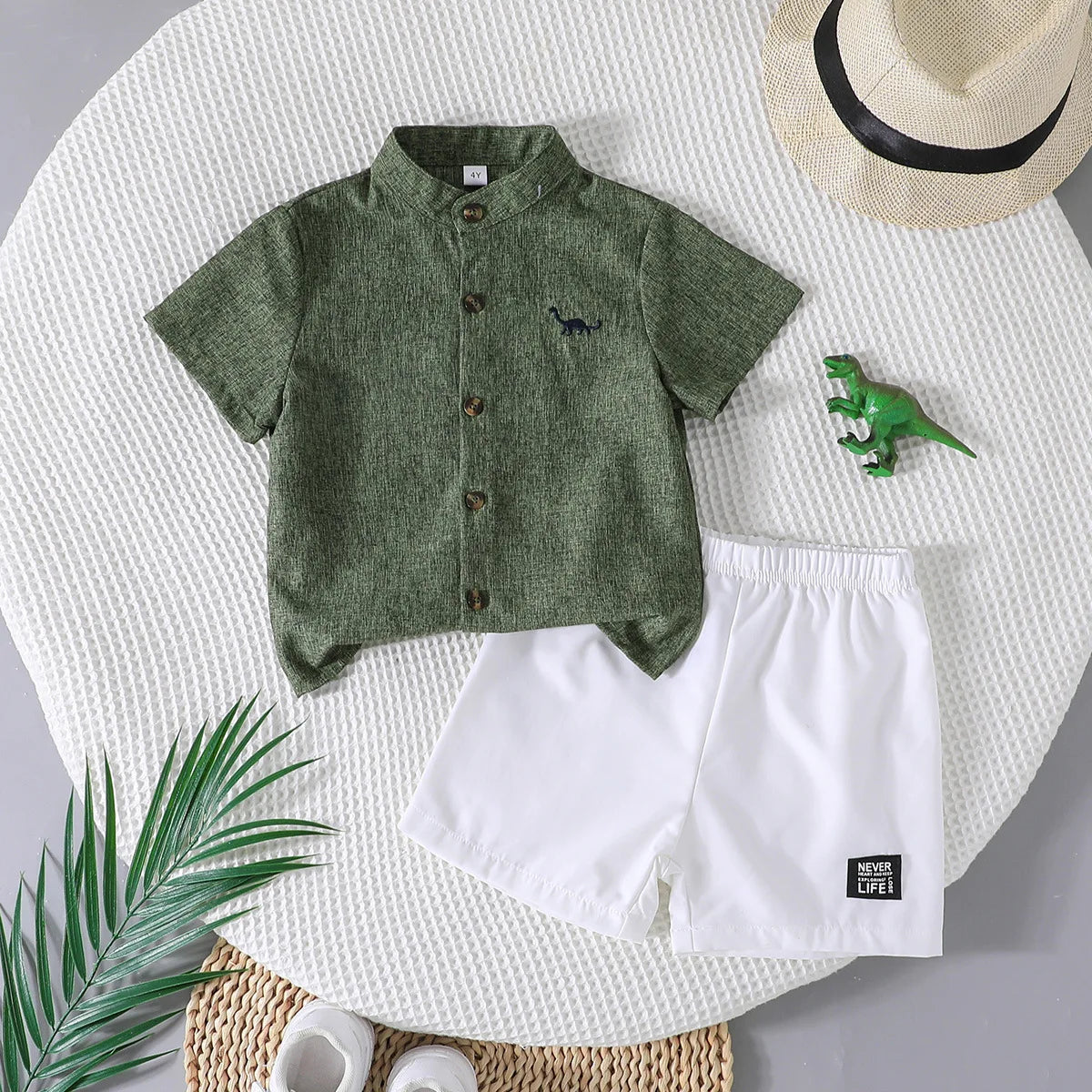 كاجوال صيف طقم قطعتين for أولاد أكمام قصيرة dinosaur embroidered polo shirt and white print shorts