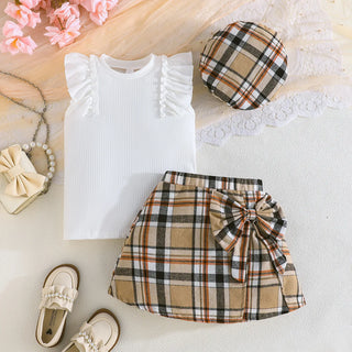 children's clothing for بنات 2-8y exquisite ruffled cuffs with bow decoration توب checkered قصير جيب with hat 3pcs طقم