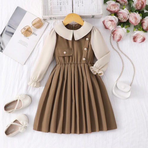 children's formal فستان for بنات small medium sizes صيف season أكمام طويلة بليسيه جيب with stitching lapel solid pattern