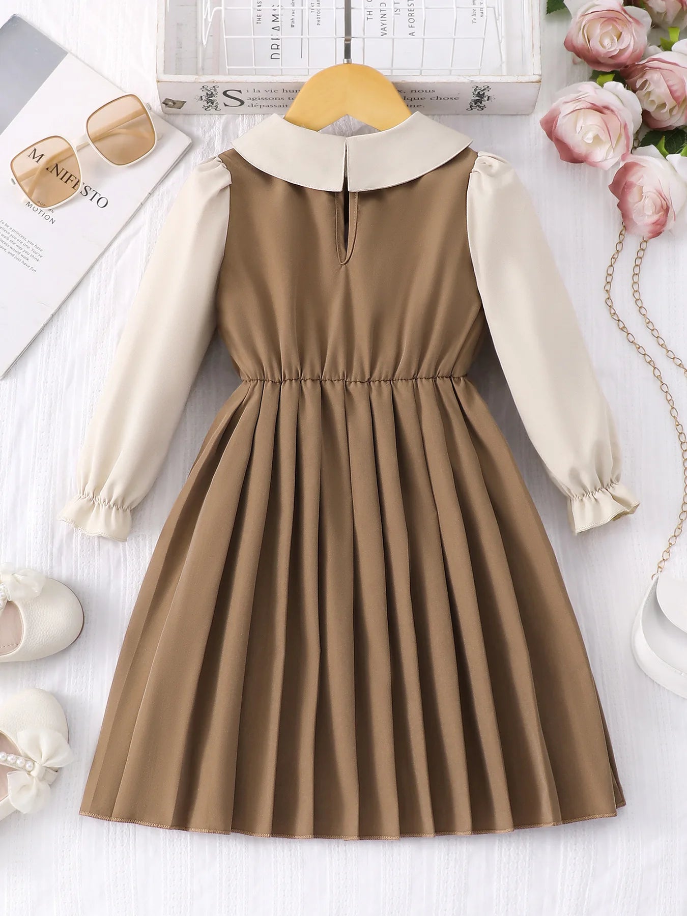 children's formal فستان for بنات small medium sizes صيف season أكمام طويلة بليسيه جيب with stitching lapel solid pattern