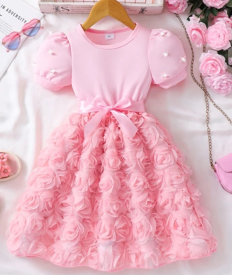 children's صيف rose فستان for بنات 3d flowers print أكمام قصيرة with pearl decoration odm party فستان for بنات