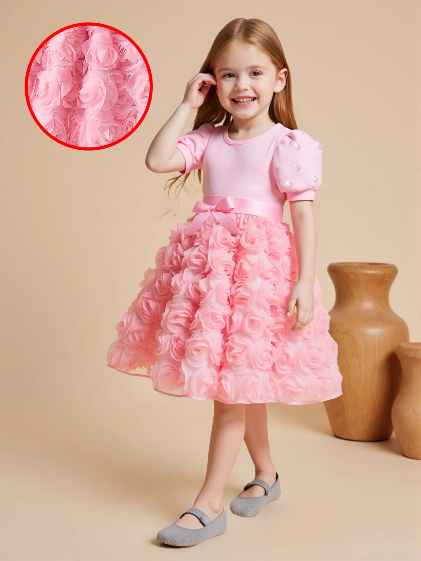children's صيف rose فستان for بنات 3d flowers print أكمام قصيرة with pearl decoration odm party فستان for بنات