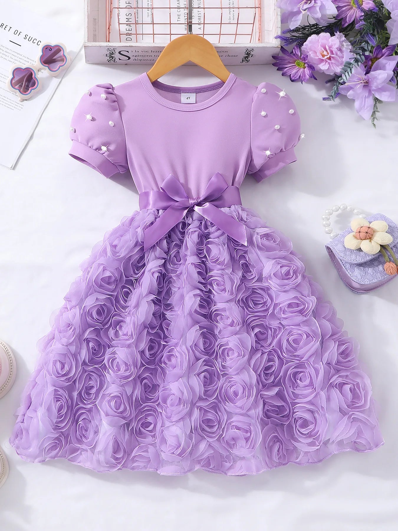 children's صيف rose فستان for بنات 3d flowers print أكمام قصيرة with pearl decoration odm party فستان for بنات