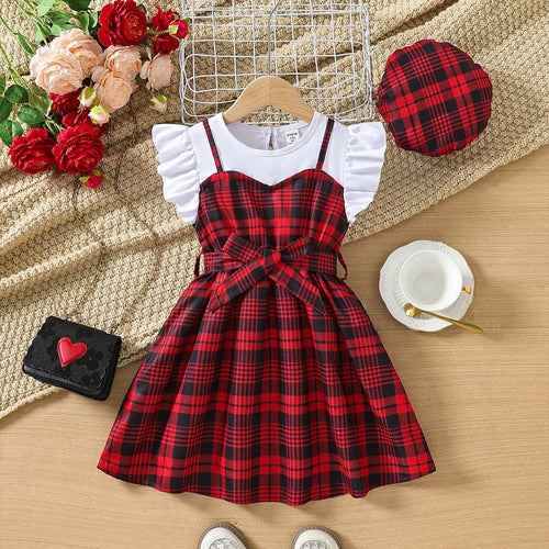 children's صيف round-neck plaid spliced فستان with little كم كشكش hot بنت's دينم odm decorated with button