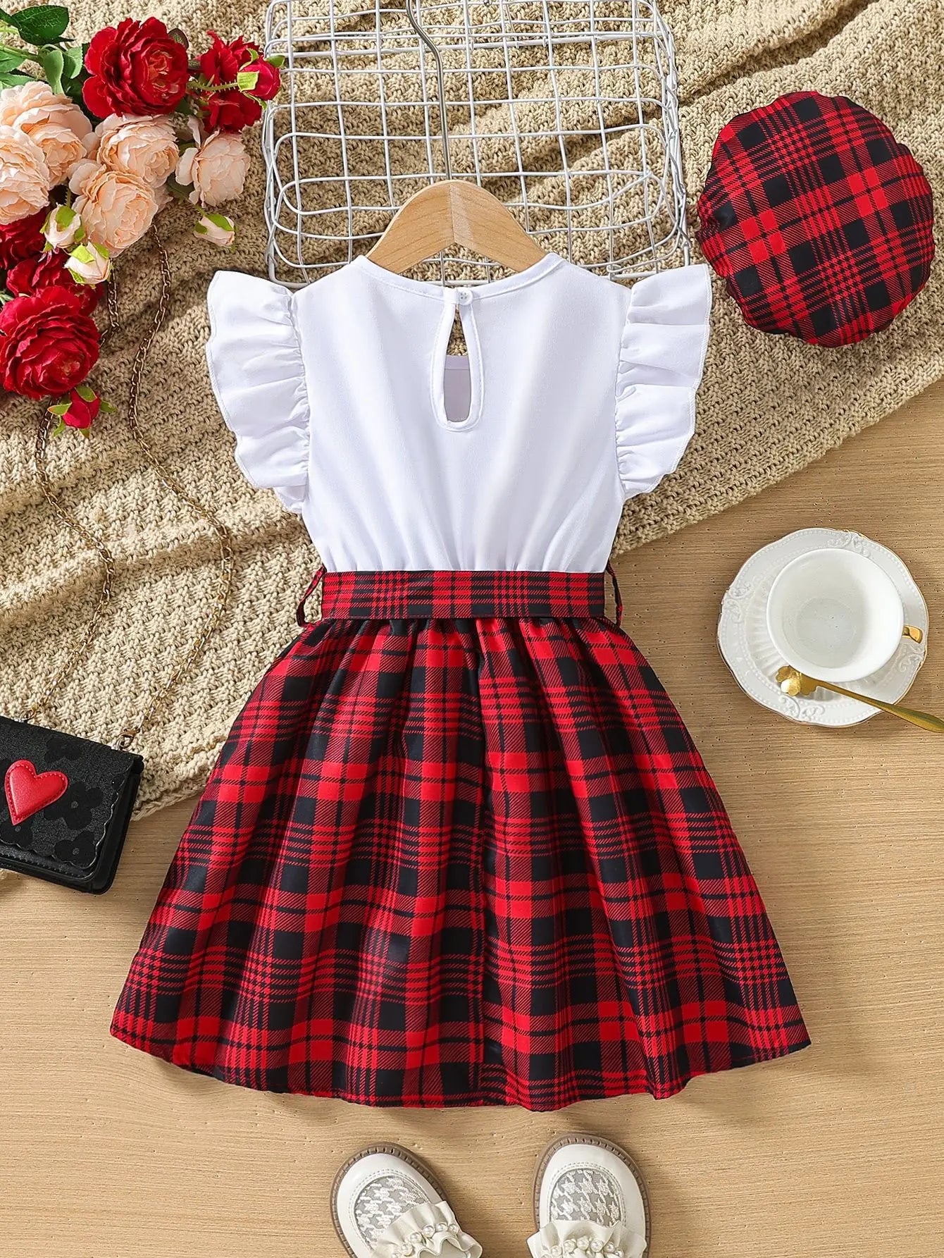 children's صيف round-neck plaid spliced فستان with little كم كشكش hot بنت's دينم odm decorated with button