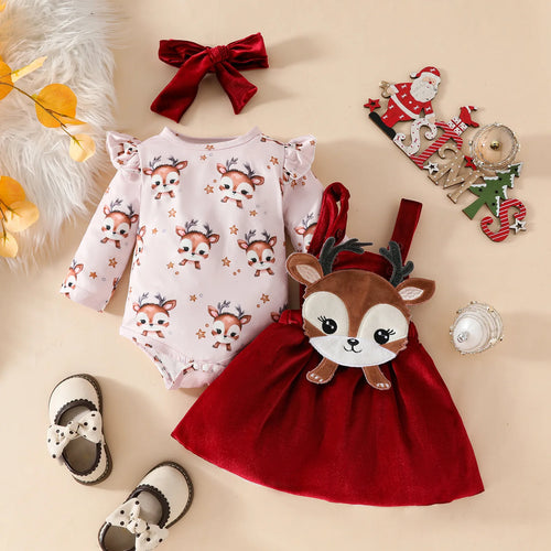christmas cute fawn baby بنت طويل-sleeved baby rompers with velvet back belt جيب fall شتاء 3pcs بدلة