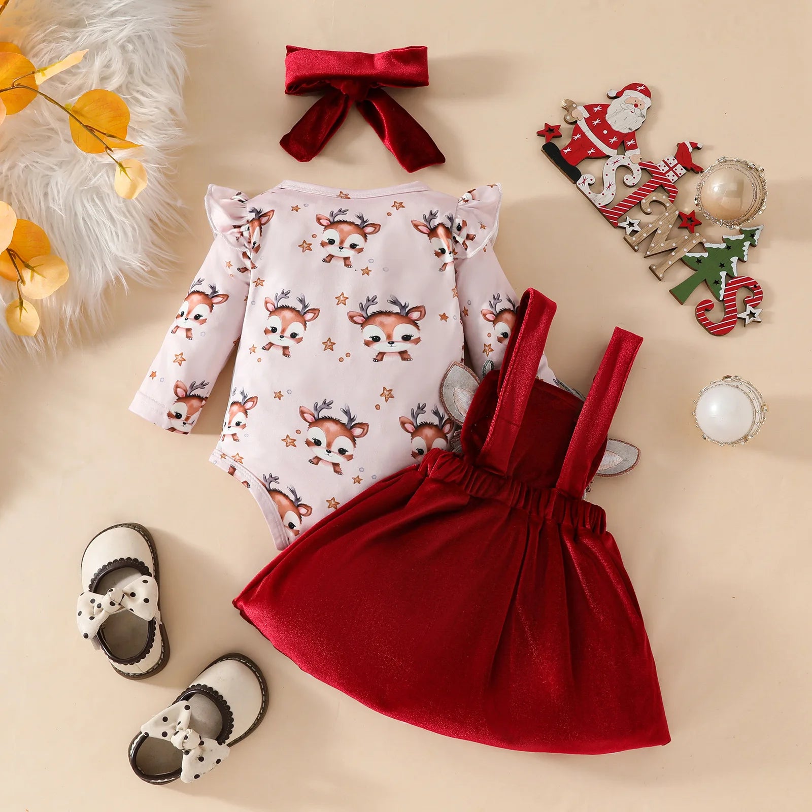 christmas cute fawn baby بنت طويل-sleeved baby rompers with velvet back belt جيب fall شتاء 3pcs بدلة