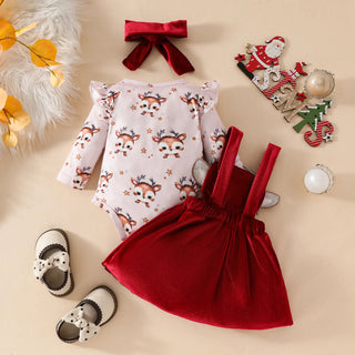 christmas cute fawn baby بنت طويل-sleeved baby rompers with velvet back belt جيب fall شتاء 3pcs بدلة