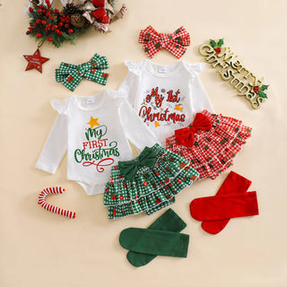 christmas tree plaid أميرة فستان socks طقم أكمام طويلة coat fall شتاء baby بنات four-piece outfit made cotton-جديد fashion