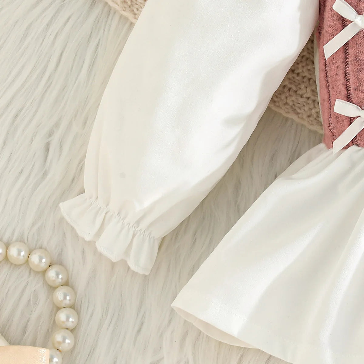 cross-border exclusive بنات كاجوال ربيع خريف بدلة pink bow striped jacket woolen knitted pants sweet lovely solid pattern