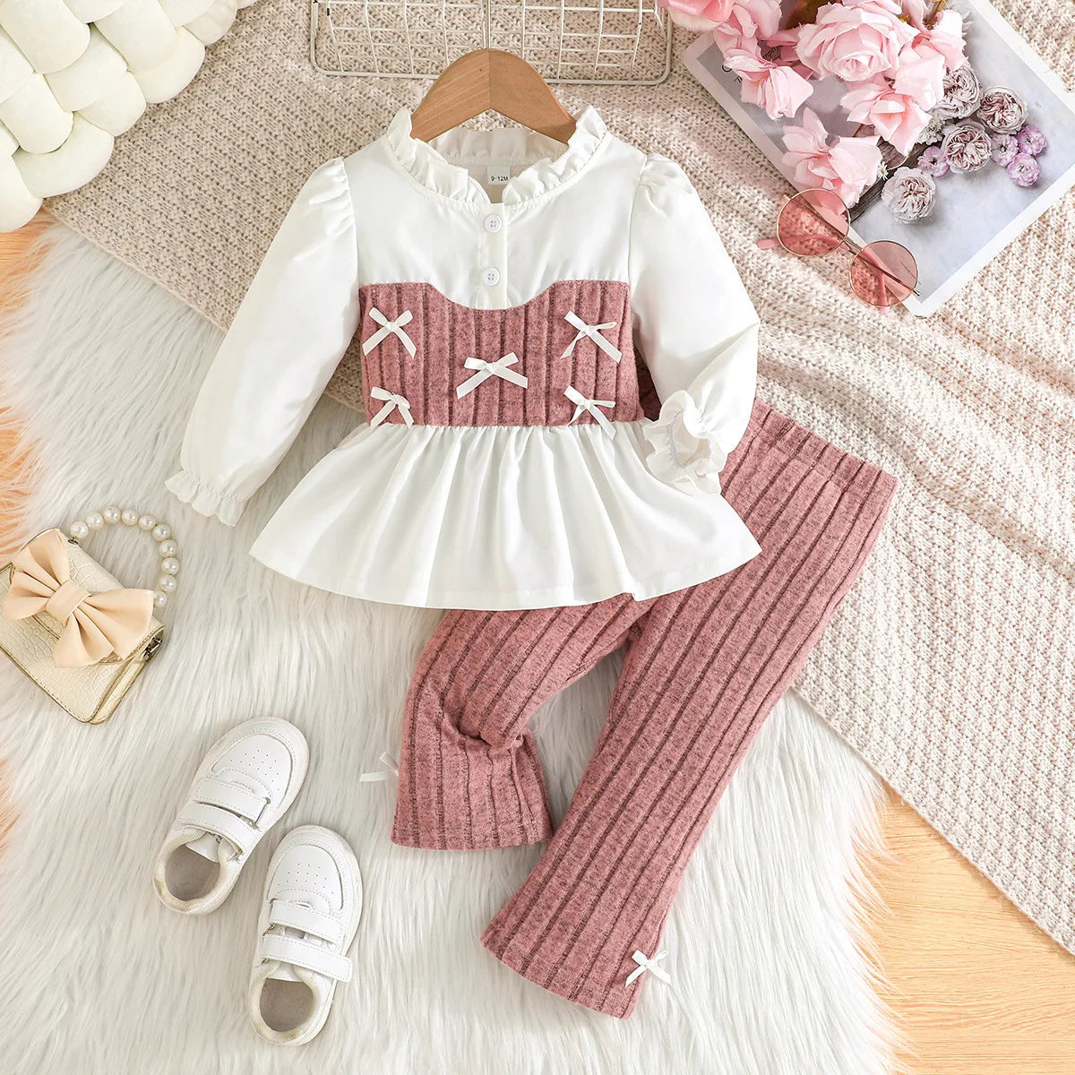 cross-border exclusive بنات كاجوال ربيع خريف بدلة pink bow striped jacket woolen knitted pants sweet lovely solid pattern
