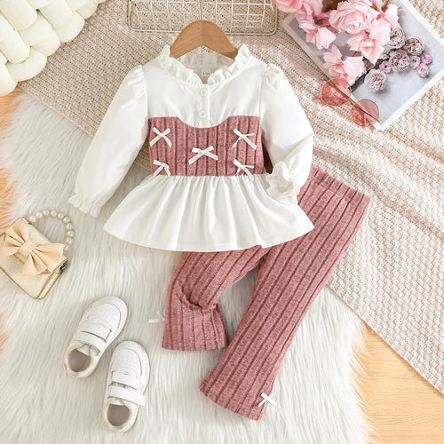 cross-border exclusive بنات كاجوال ربيع خريف بدلة pink bow striped jacket woolen knitted pants sweet lovely solid pattern