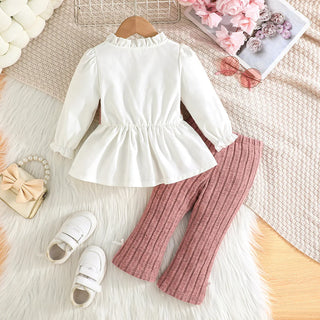cross-border exclusive بنات كاجوال ربيع خريف بدلة pink bow striped jacket woolen knitted pants sweet lovely solid pattern