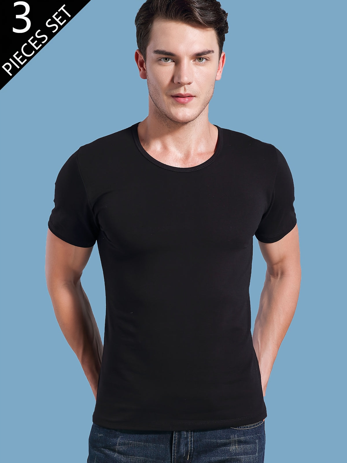 ثلاثة تي شيرت قصير الأكمام بلون صلب للرجال