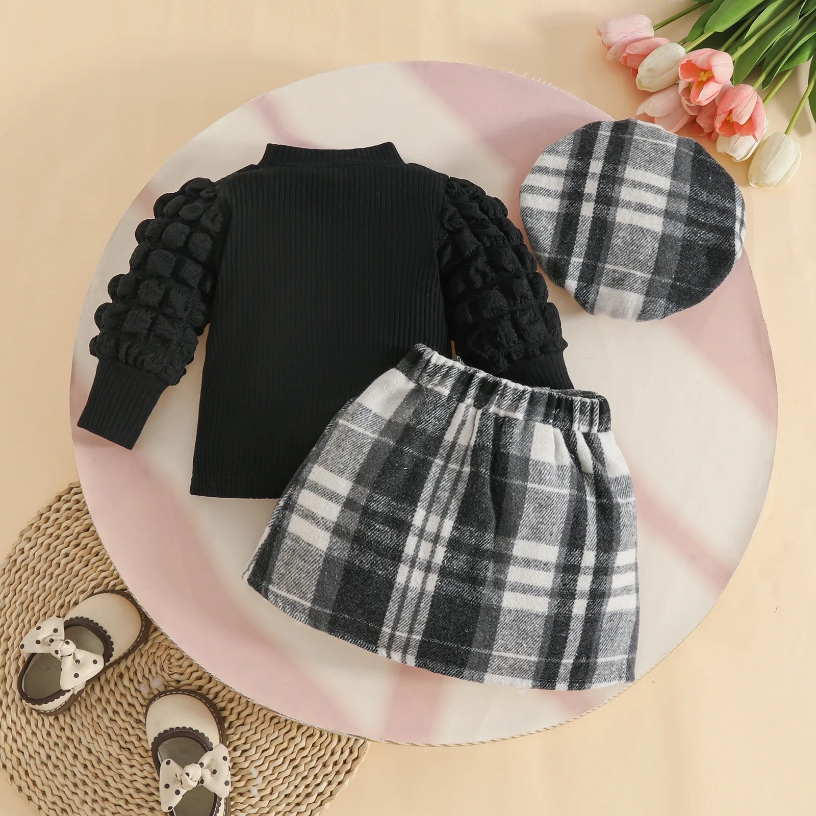 european american خريف شتاء baby بنت three-piece طقم كاجوال print logo جيب beret high collar bubble أكمام طويلة pit توب