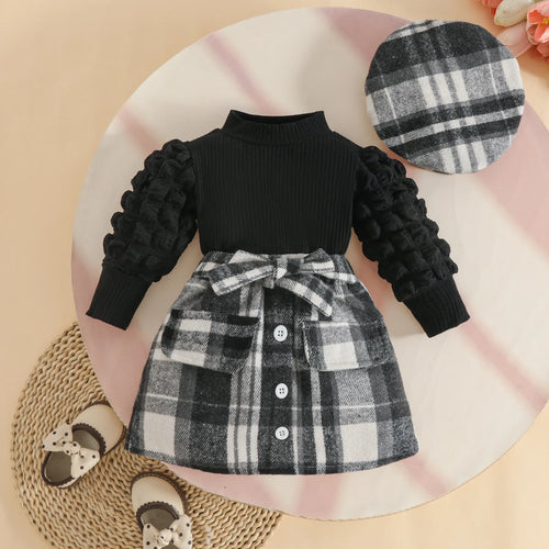 european american خريف شتاء baby بنت three-piece طقم كاجوال print logo جيب beret high collar bubble أكمام طويلة pit توب