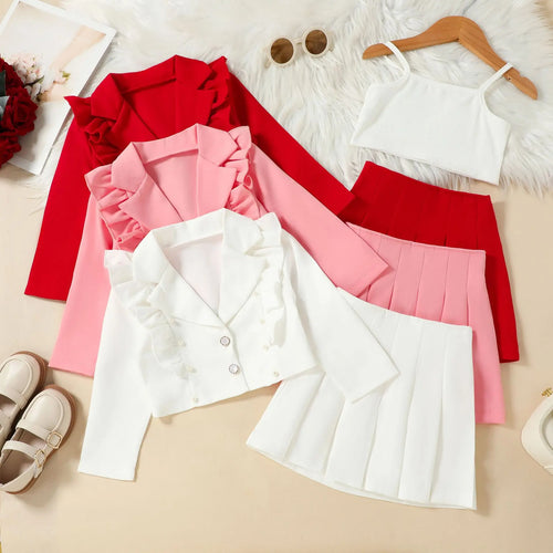 european american جديد ربيع خريف بنات' كاجوال طقم wooden ear fly كم بدلة coat camisole بليسيه جيب-three pieces طقم