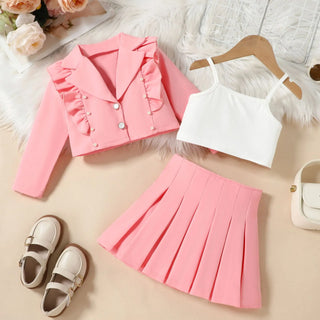 european american جديد ربيع خريف بنات' كاجوال طقم wooden ear fly كم بدلة coat camisole بليسيه جيب-three pieces طقم