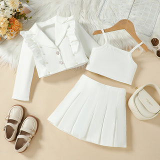 european american جديد ربيع خريف بنات' كاجوال طقم wooden ear fly كم بدلة coat camisole بليسيه جيب-three pieces طقم