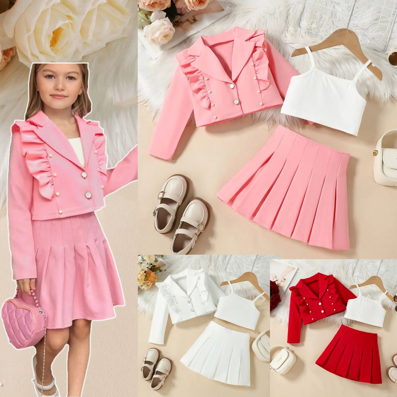 european american جديد ربيع خريف بنات' كاجوال طقم wooden ear fly كم بدلة coat camisole بليسيه جيب-three pieces طقم