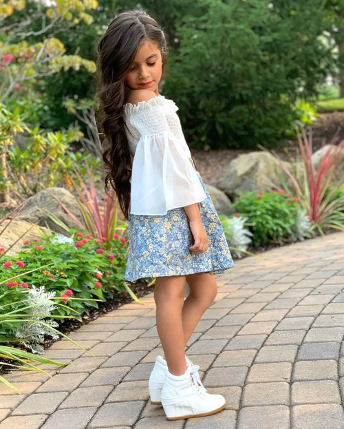 european american ستايل كاجوال بنات clothing solid color flared كم pullover floral printing بليسيه جيب belt for children