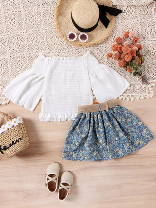 european american ستايل كاجوال بنات clothing solid color flared كم pullover floral printing بليسيه جيب belt for children