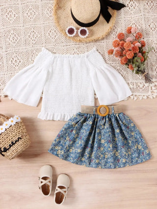 european american ستايل كاجوال بنات clothing solid color flared كم pullover floral printing بليسيه جيب belt for children