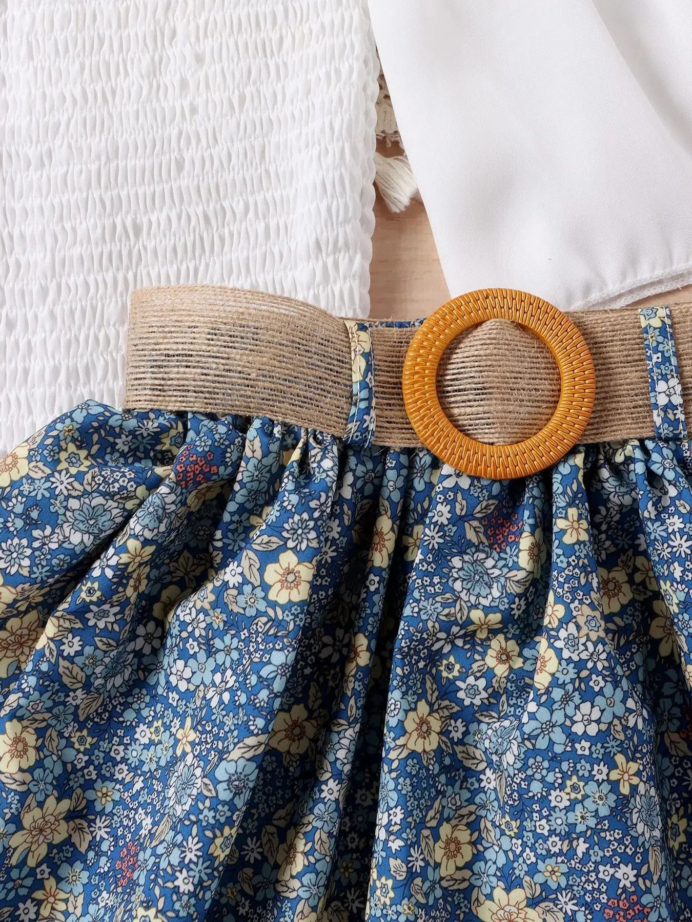 european american ستايل كاجوال بنات clothing solid color flared كم pullover floral printing بليسيه جيب belt for children