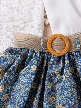 european american ستايل كاجوال بنات clothing solid color flared كم pullover floral printing بليسيه جيب belt for children