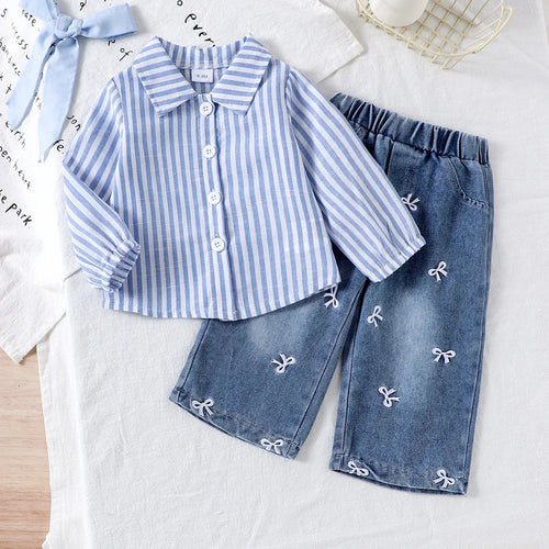 european american ستايل ربيع خريف children's clothing طقم قطعتين-striped أكمام طويلة shirt + دينم pants solid for baby
