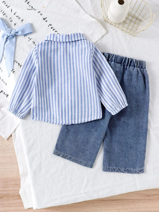 european american ستايل ربيع خريف children's clothing طقم قطعتين-striped أكمام طويلة shirt + دينم pants solid for baby