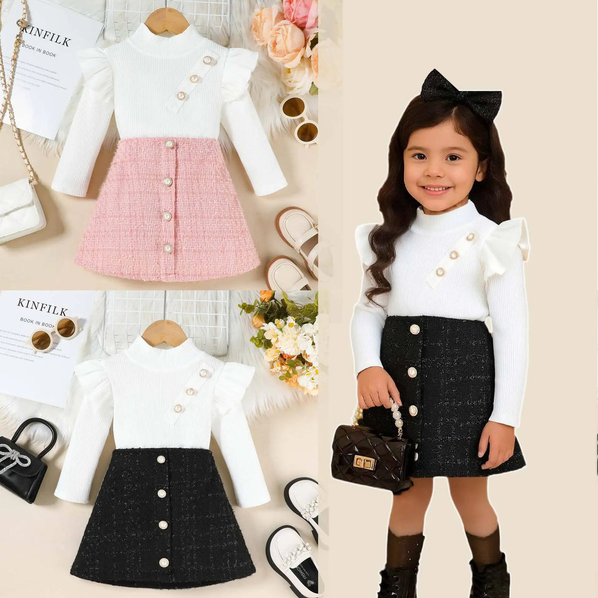 european american ستايل طقم قطعتين for بنات fashionable small fragrance جيب high collar كم كشكش jacket clothing
