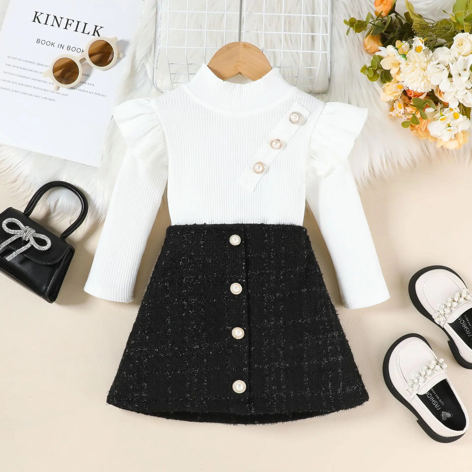 european american ستايل طقم قطعتين for بنات fashionable small fragrance جيب high collar كم كشكش jacket clothing