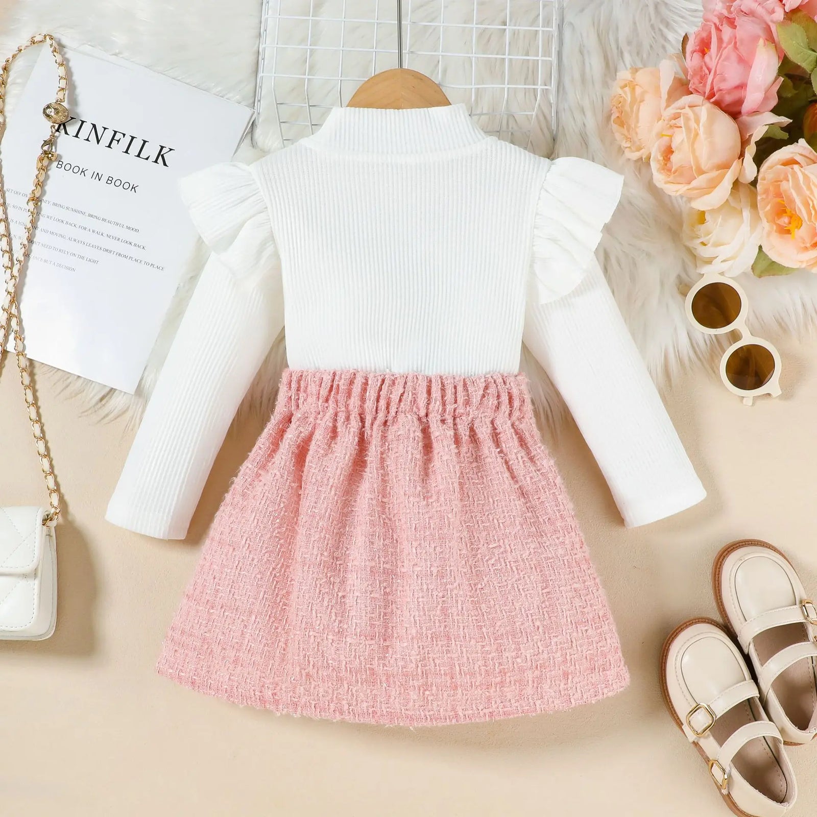 european american ستايل طقم قطعتين for بنات fashionable small fragrance جيب high collar كم كشكش jacket clothing