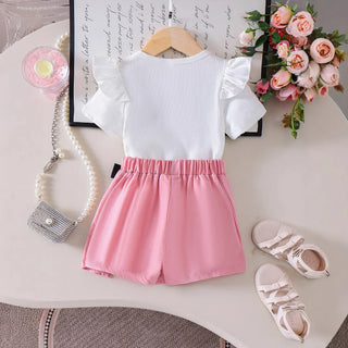 european american صيف كاجوال ستايل بنات طقم cute أكمام قصيرة t-shirt flower decorative pants جيب solid color جديد product