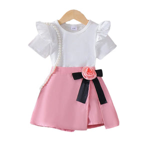 european american صيف كاجوال ستايل بنات طقم cute أكمام قصيرة t-shirt flower decorative pants جيب solid color جديد product