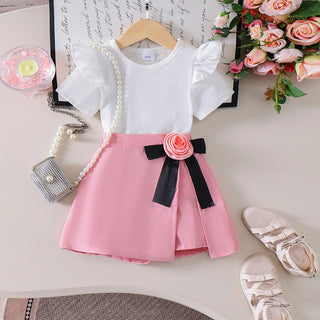 european american صيف كاجوال ستايل بنات طقم cute أكمام قصيرة t-shirt flower decorative pants جيب solid color جديد product