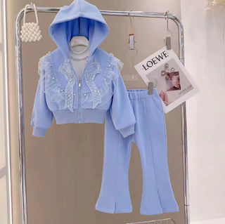 european and american بنات' كاجوال print أكمام طويلة cardigan بدلة with bow hood cross-border جديد ستايل