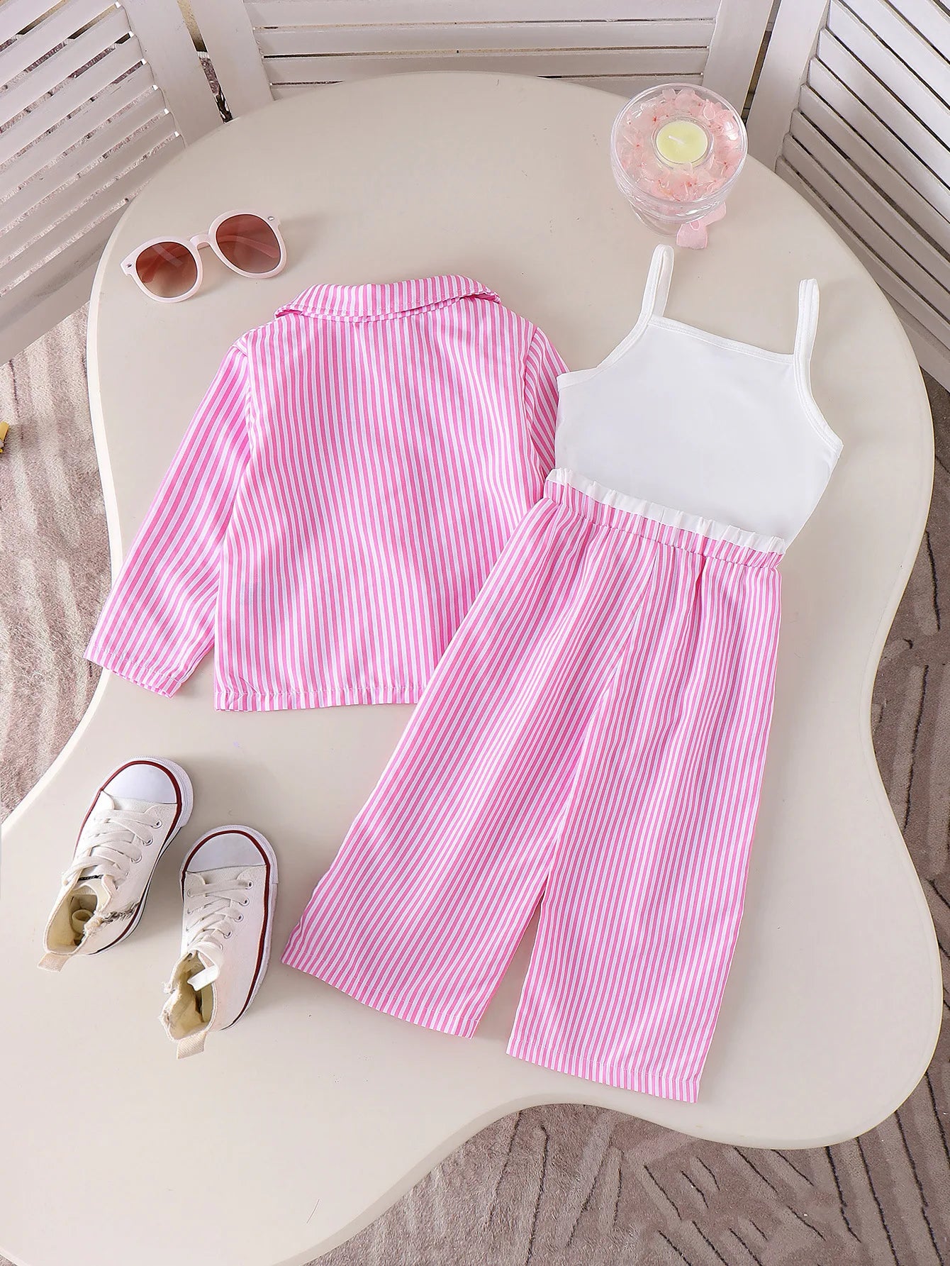 european and american بنات' طقم ربيع وخريف جديد pink striped tank توب pants 3-piece طقم