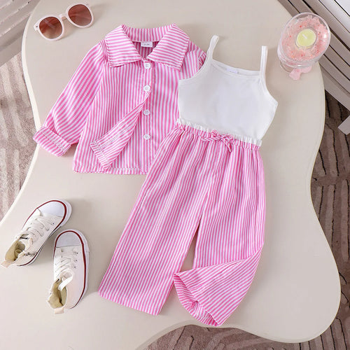 european and american بنات' طقم ربيع وخريف جديد pink striped tank توب pants 3-piece طقم
