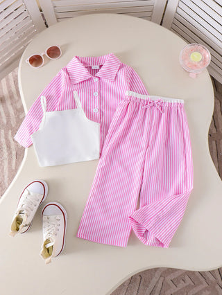 european and american بنات' طقم ربيع وخريف جديد pink striped tank توب pants 3-piece طقم