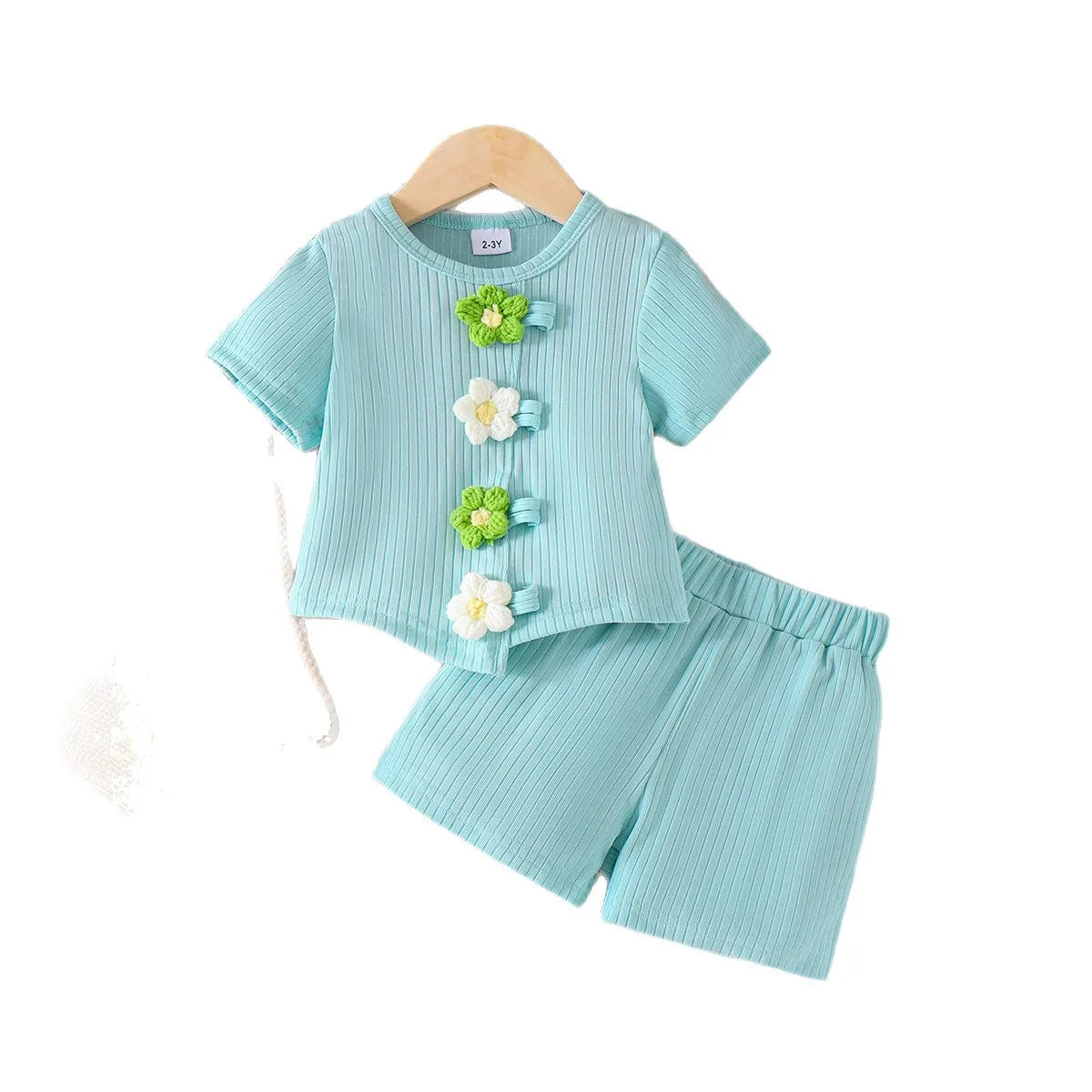european and american بنات' صيف جديد yarn flower أكمام قصيرةd t-shirt shorts 2-piece طقم