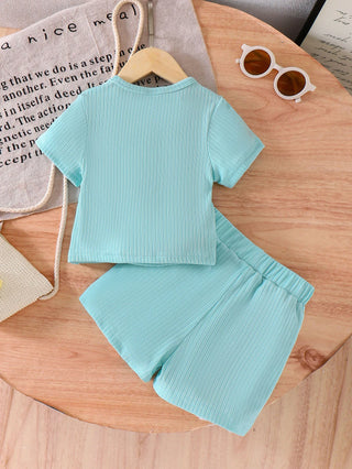 european and american بنات' صيف جديد yarn flower أكمام قصيرةd t-shirt shorts 2-piece طقم