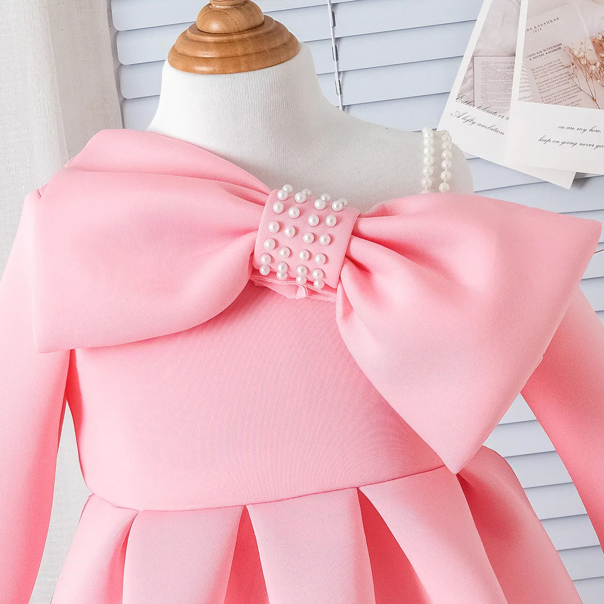 european and american ربيع وخريف جديد بنات pearl bow suspender أكمام طويلة فستان