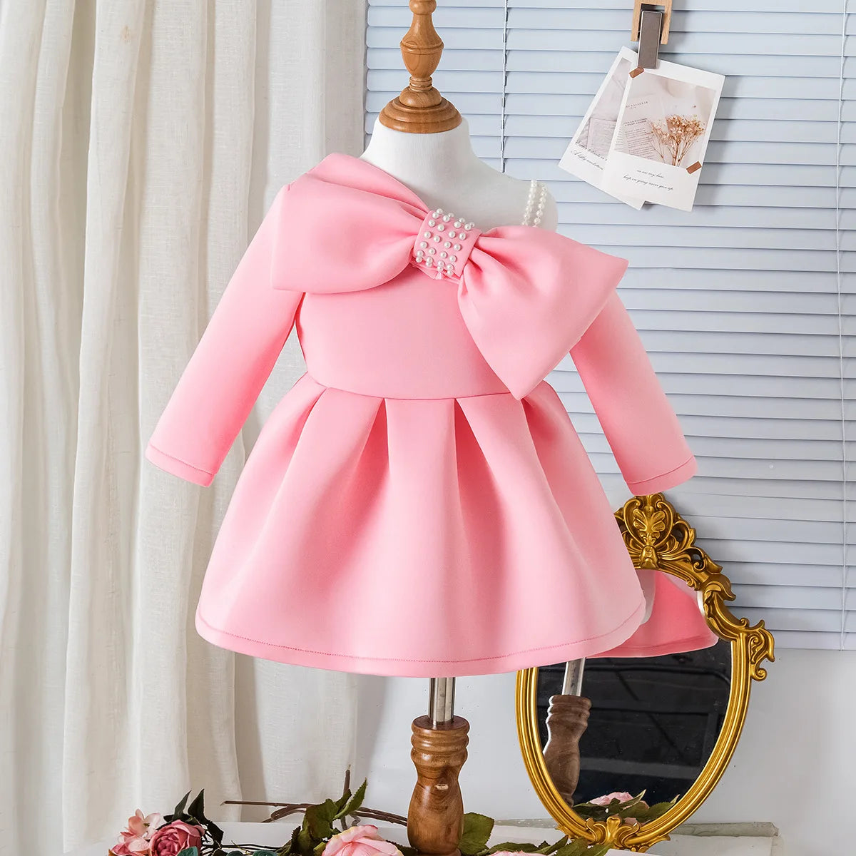 european and american ربيع وخريف جديد بنات pearl bow suspender أكمام طويلة فستان