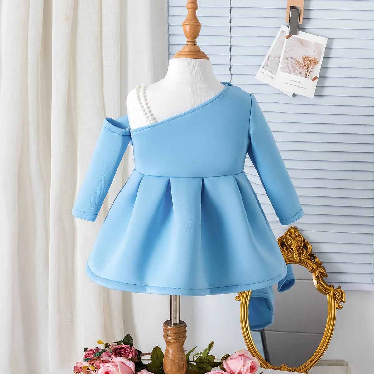 european and american ربيع وخريف جديد بنات pearl bow suspender أكمام طويلة فستان