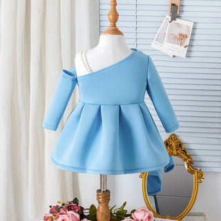 european and american ربيع وخريف جديد بنات pearl bow suspender أكمام طويلة فستان