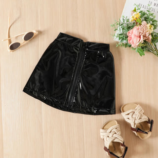 european and american ستايل صيف بدون أكمام توب and glossy leather جيب طقم for children cute plaid pattern solid color