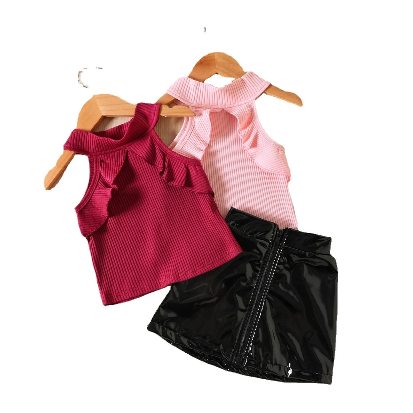 european and american ستايل صيف بدون أكمام توب and glossy leather جيب طقم for children cute plaid pattern solid color