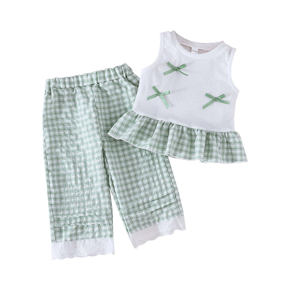 exquisite bow decoration صيف cute بنت's طقم بدون أكمام توب & lace pants